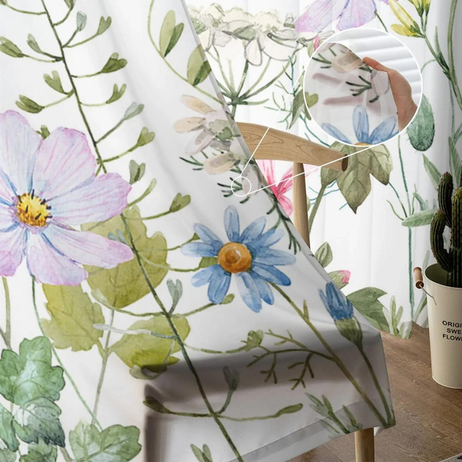 Yiran Furniture Transparentes Voile-Fenstervorhang mit Frühlingsblumen- und Wildblumen-Design, Breite: 135 cm, Höhe: 115 cm - Bild 2