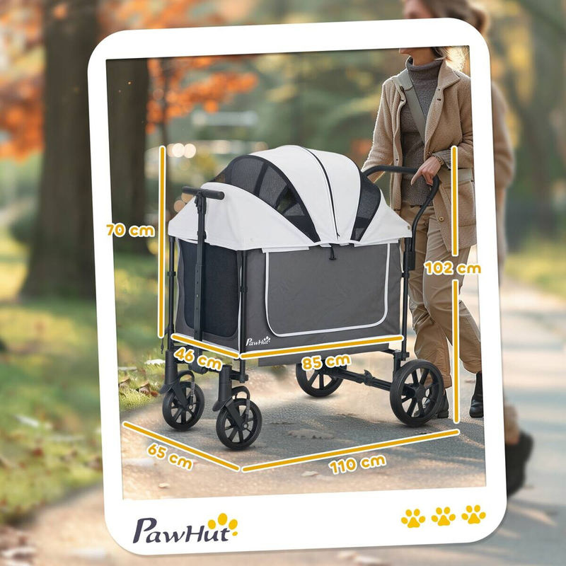 PawHut Hundewagen und Katzenbuggy klappbar Dunkelgrau für Hunde und Katzen bis 30 kg mit Kissen, Netzfenstern und Aufbewahrungstasche - Bild 3