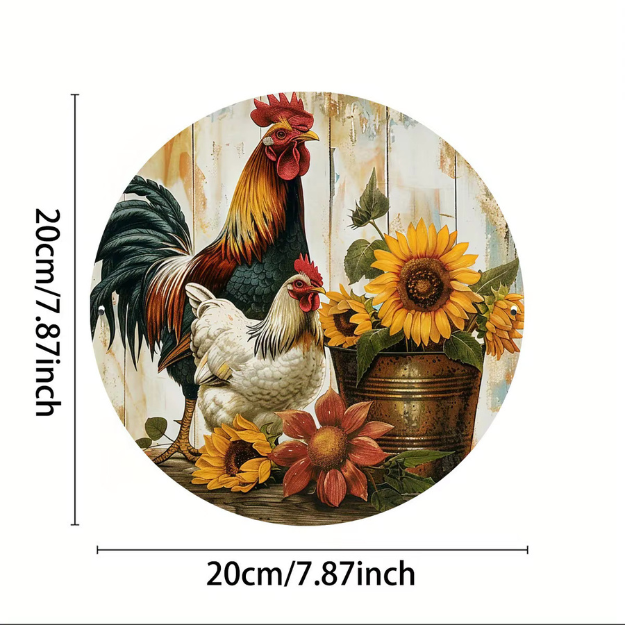 HELLOYOUNG Vintage Farmhouse Wandkunst aus Metall mit Hahn und Sonnenblumen, rund, Mehrfarbig, Durchmesser: 20 cm - Bild 2