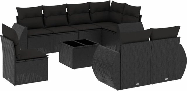 vidaXL 9-tlg Garten-Sofagarnitur aus Poly-Rattan mit Kissen in Schwarz - Bild 1