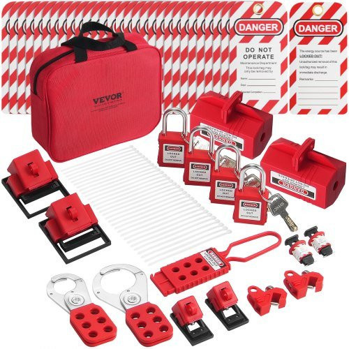 VEVOR Elektrisches Lockout-Tagout-Kit, 47-teiliges Sicherheits-Loto-Set in Rot mit Vorhängeschlössern, Haspen, Etiketten, Nylonbändern, Steckerverriegelungen, Leistungsschalterverriegelungen und Tragetasche aus Stahl - Bild 1