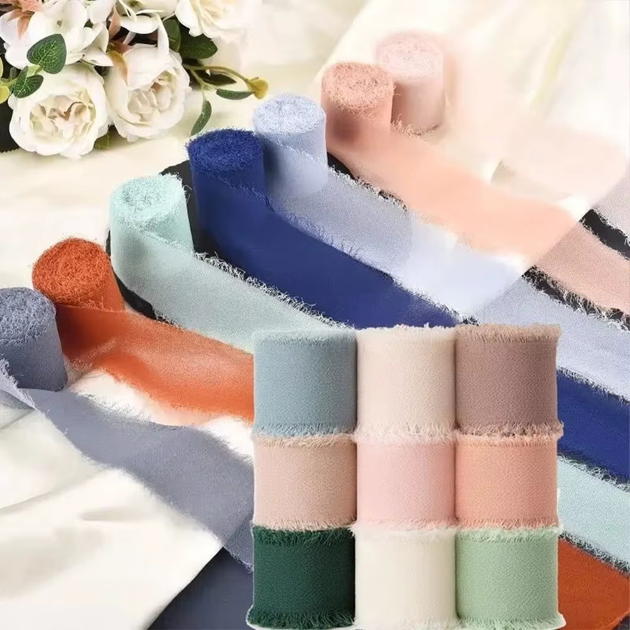 9er Set handgefertigte Satin-Chiffon-Seidenbänder mit ausgefransten Kanten in Multicolour von NOTIONSLAND für DIY-Bastelarbeiten und Dekorationen - Bild 2
