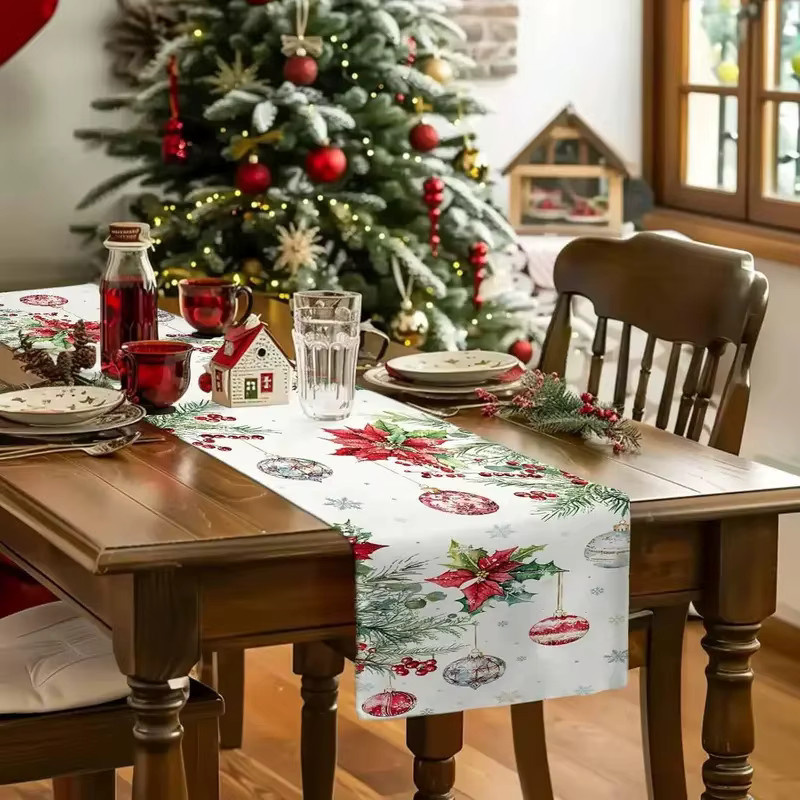 VIKAMA Weihnachts-Tischläufer aus Leinen in Rot mit Schneeflockenmuster für deine festliche Winter-Dekoration, B/H: 90 x 33 cm - Bild 5