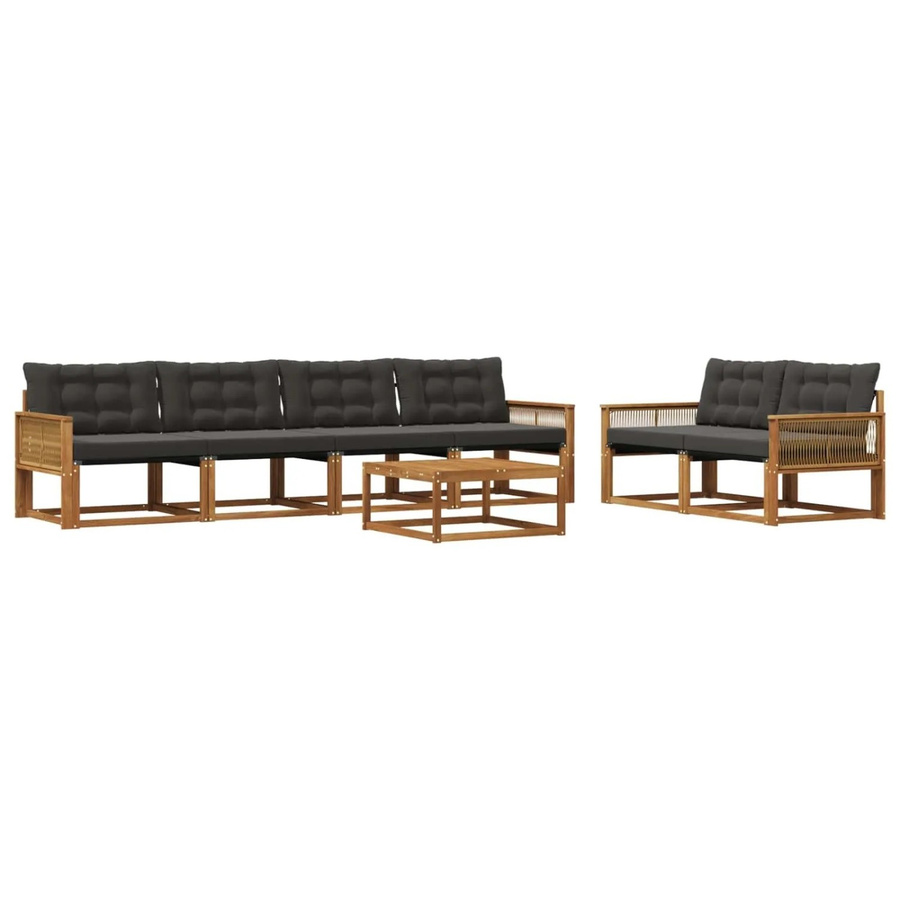vidaXL Outdoor-Sofagarnitur aus massivem Akazienholz mit Textilene und Kissen, 7-teiliges Set, Natur und Schwarz - Bild 2