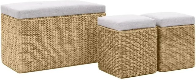vidaXL Sitzbank mit 2 Ottomanen aus Seegras in Grau, rustikales Design aus Polyester - Bild 1