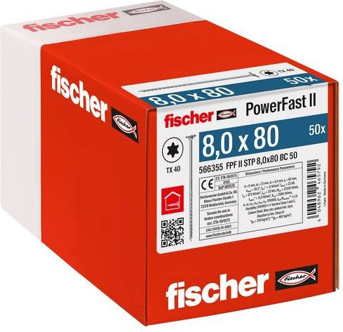 Fischer PowerFast II Senk-Holzschraube mit Torx-Antrieb, Durchmesser: 8 mm, Länge: 80 mm, Stahl galvanisch verzinkt, 50 Stück - Bild 1