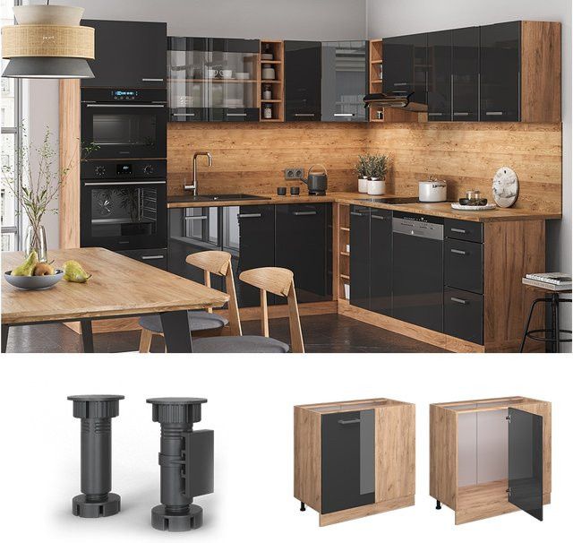 Vicco Eckunterschrank R-Line Küchenschrank in Eiche und Anthrazit Hochglanz mit 86 cm Breite - Bild 1