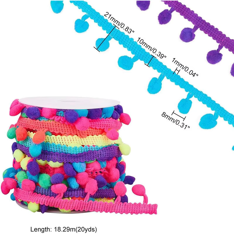 Regenbogenfarben Pom Pom Spitzenbesatz Kugelband für DIY Handwerk und Nähen, Multicolour, 18,3 Meter - Bild 4