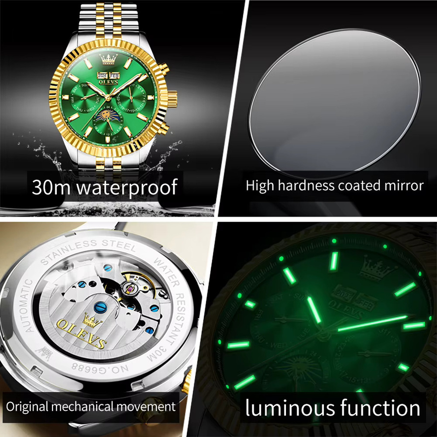 OLEVS Armbanduhr, Automatik, Gold, Edelstahl, Mondphase, Herren - Bild 3