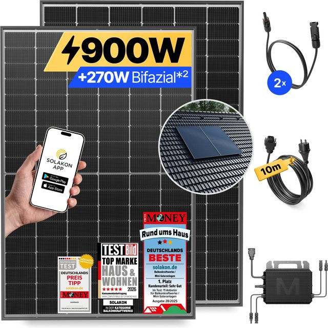 Solakon Balkonkraftwerk 900W Solaranlage mit Ziegeldach Halterung Paarmontage in Schwarz, steckerfertiges Photovoltaik Komplettset 800W mit 10m Kabellänge - Bild 1