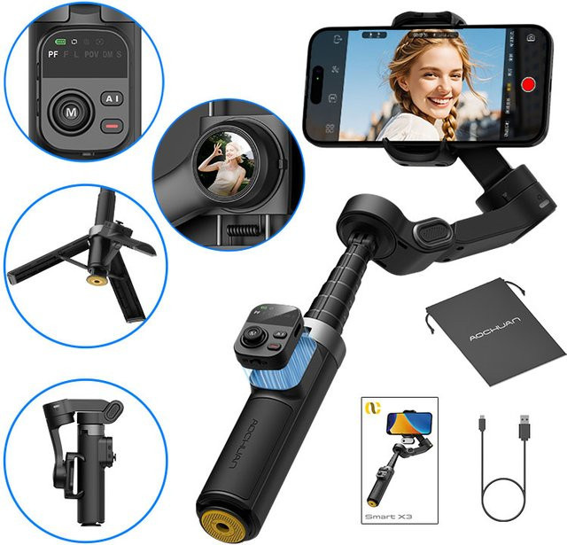 AOCHUAN Smart X3 3-Achsen Gimbal-Stabilisator mit 360 Grad Pan Rotation, integrierter Verlängerungsstange und Stativöffnung für iPhone und Android-Smartphones, Schwarz - Bild 1