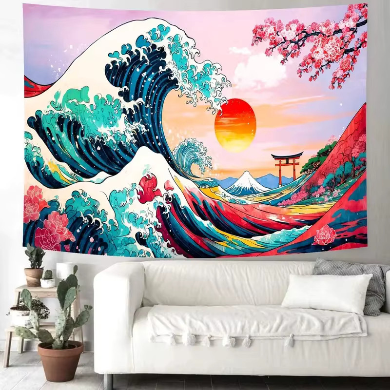 VIKAMA Wandteppich Große Welle im japanischen Kanagawa-Stil mit Kirschblüten, Mehrfarbiger Wandbehang für dein Schlafzimmer, B/H: 60 x 40 cm - Bild 3