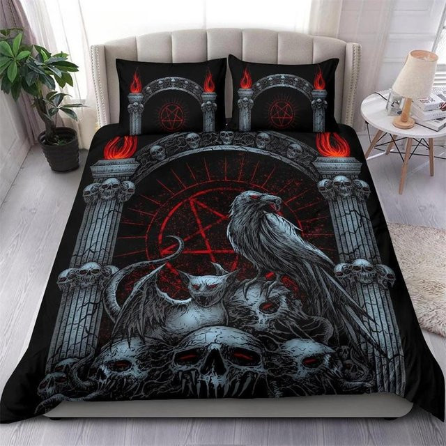 Bettwäscheset Binchi Fitness mit Baphomet Totenkopf und Ziegenkopf Motiv, Dunkelblau und Rosa, B/H: 135 x 200 cm - Bild 1