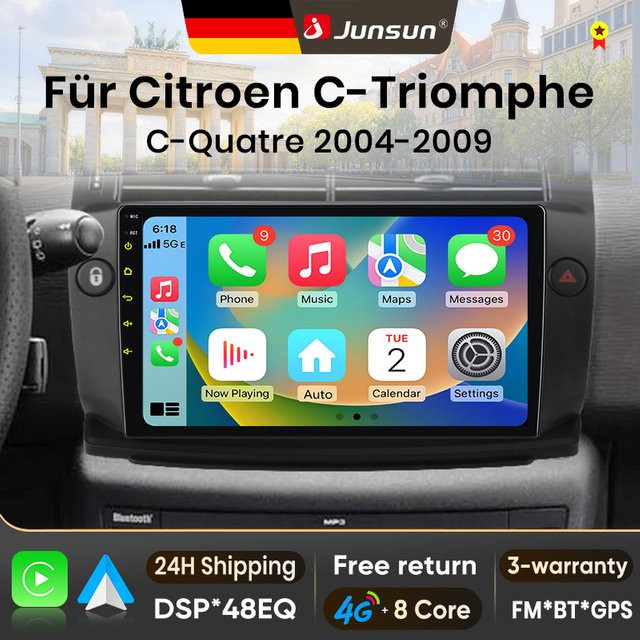 Junsun Android 15 Autoradio für Citroen C4 C-Triomphe Quatre 2004-2014 mit 9 Zoll IPS-Bildschirm, kabellosem Apple CarPlay und Wi-Fi in Schwarz - Bild 1