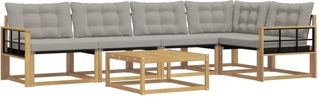 vidaXL Outdoor-Sofagarnitur 6-teilig in L-Form aus Akazienholz mit Textilene-Bezug und Polstern, Weiß und Grau, B/T/H: 79 x 79 x 37 cm - Bild 1