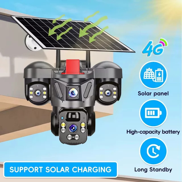 KERUI 4G SIM WLAN Heimsicherheitskamera PTZ mit 6MP Dreifach-Objektiv, Solarpanel und eingebauter Batterie, Außenkamera für Videoüberwachung, Schwarz - Bild 1