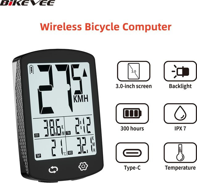 Bikevee USB-C Drahtloser Fahrradcomputer mit Bluetooth und LCD-Display in Schwarz - Bild 1
