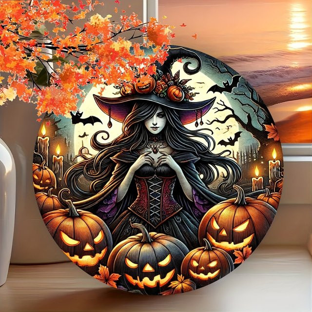 HELLOYOUNG Halloween Metallschild mit Hexe und Kürbis, runde Wanddekoration in Multicolour, Durchmesser: 20 cm - Bild 1