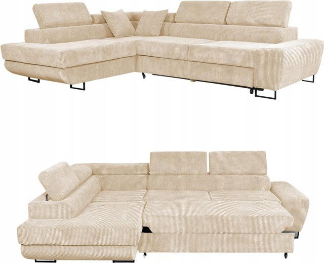 Ausklappbares Ecksofa Savio von Family Möbel mit Schlaffunktion in Beige Cord, linke Seite - Bild 1