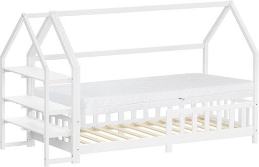 ML-Design Kinderhaus-Bett aus Kiefernholz mit Matratze und Regal in Weiß, B/T/H: 90 x 200 cm - Bild 1