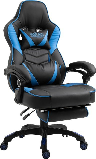 TPFLiving Bürostuhl Tilmann Ergonomischer Schreibtischstuhl aus Kunstleder mit Kopfstütze und Fußring in Schwarz/Blau - Bild 1
