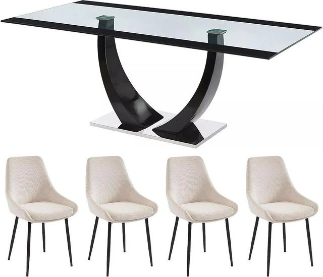 Vente-unique Essgruppe Mezzo mit Tisch aus gehärtetem Glas und Stühlen in Transparent, Schwarz und Beige, Breite: 200 cm - Bild 1
