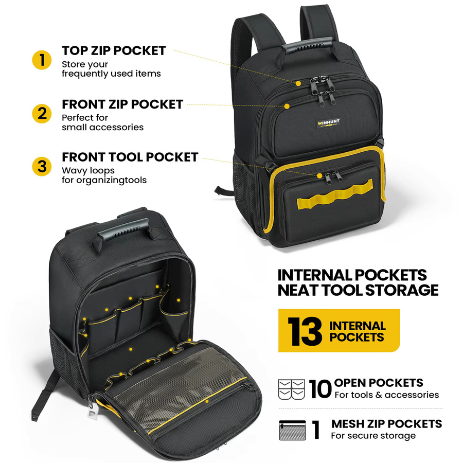 WINHUNT Werkzeugrucksack Heavy Duty in Schwarz als großer Werkzeugtaschen-Organizer für HVAC-Techniker, Elektriker und Bauarbeiter - Bild 3