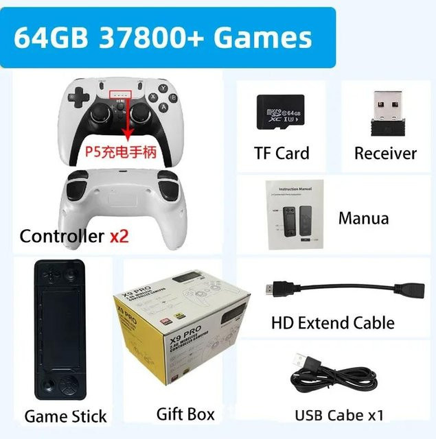 Retro Game Stick X9 Pro 4K 3D Videokonsole mit 256GB Speicher und 60000 Spielen in Weiß, kompatibel mit PS1/PSP/SF - Bild 1