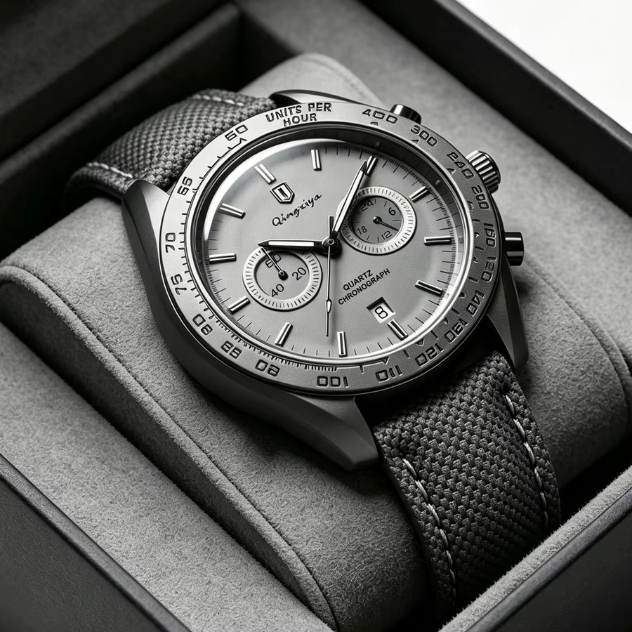 QINGXIYA Chronograph Herrenuhr, Quarz, Edelstahl, grau, Textil/NATO - Bild 2