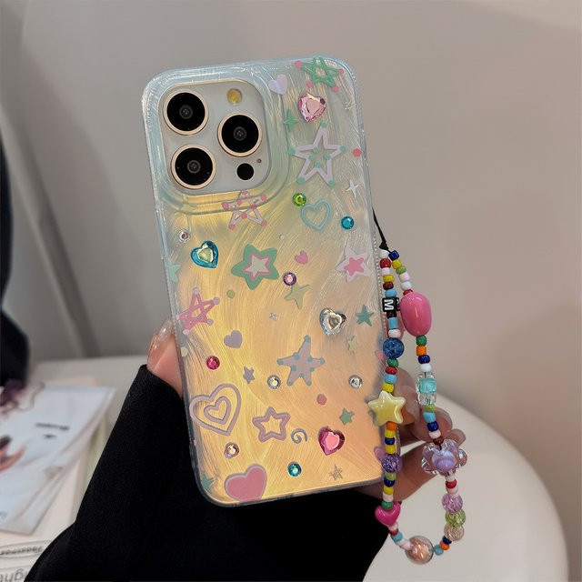 Bunte Sterne und Liebesherz Handyhülle mit Kette für dein iPhone 17 Air 16 15 14 13 12 11 Pro Max, stoßfeste Hartschale in Multicolour - Bild 1
