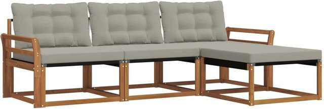 vidaXL Outdoor-Sofagarnitur aus Akazienholz mit Textilene und Kissen, 4-teiliges L-Shape Set in Natur und Hellgrau - Bild 1