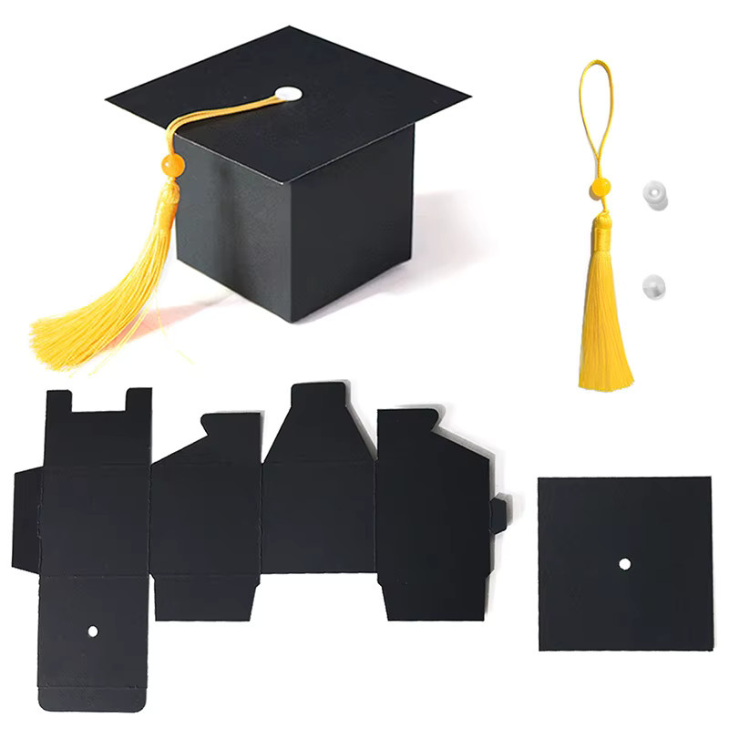 Schwarze Geschenkboxen im Design von Absolventenhüten aus Papier für Abschlussfeiern und Glückwunschpartys - Bild 3