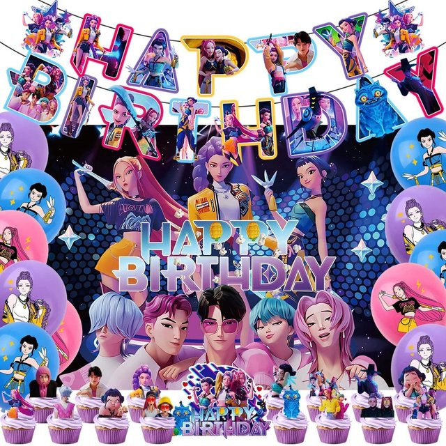 KPop Dämonenjäger Geburtstag Dekoration Set mit Banner, Ballons und Kuchenaufsatz in Mehrfarbig - Bild 1