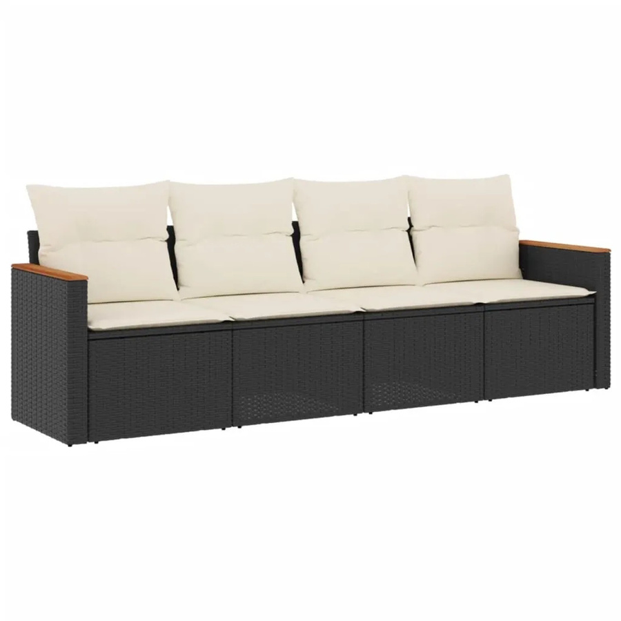 vidaXL 4-tlg Garten-Sofagarnitur in L-Form aus Poly-Rattan und Akazienholz in Schwarz-Creme mit Sitzkissen und Stauraum - Bild 2
