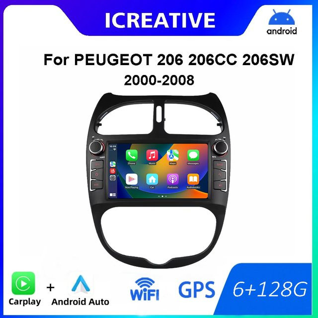 Icreative Autoradio mit Navigation GPS und Bluetooth für PEUGEOT 206 206CC 206SW (2000-2008), 2 Din Multimedia Player mit Android Auto und CarPlay, Schwarz - Bild 1