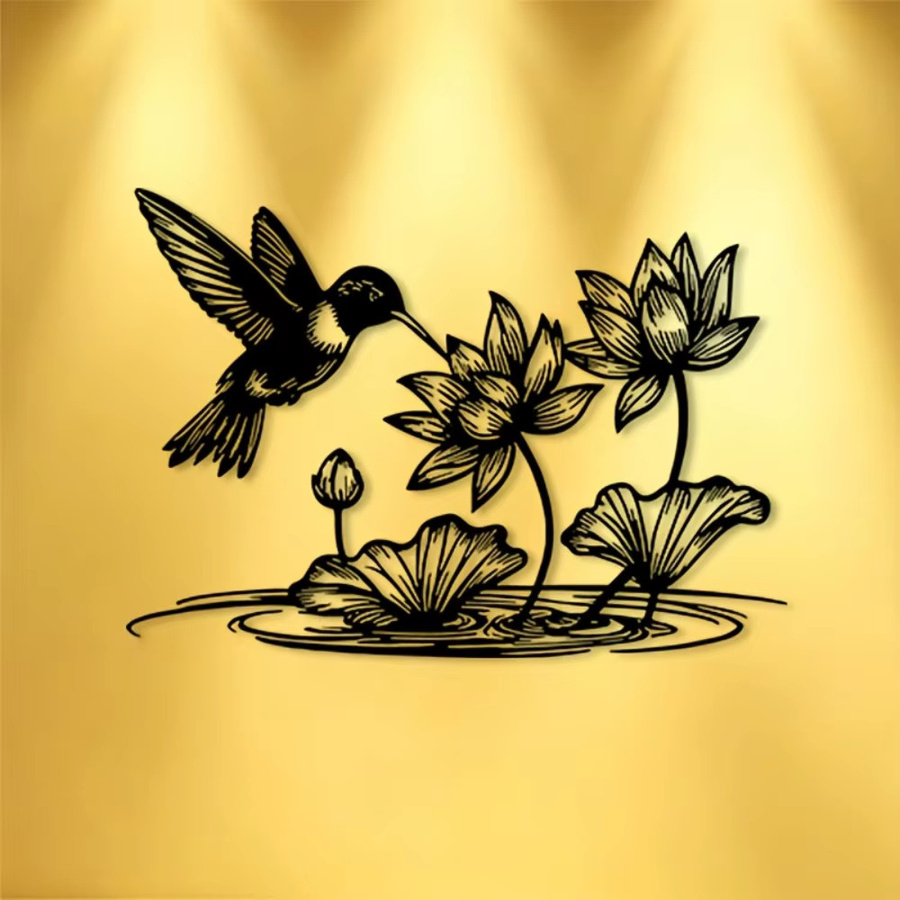 Moderne Wandkunst aus Metall von CIFBUY mit Kolibri und Lotus in Schwarz - Bild 2