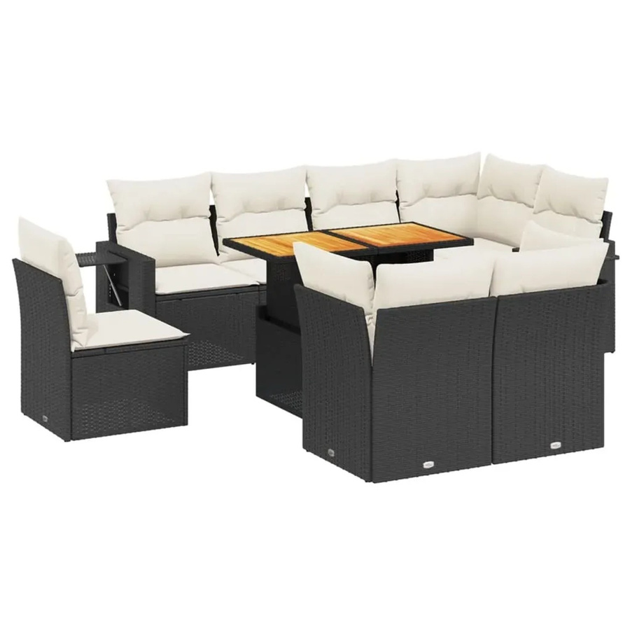 vidaXL 9-tlg. Garten-Sofagarnitur in L-Form aus Polyrattan und Akazienholz mit Kissen in Schwarz-Creme - Bild 2
