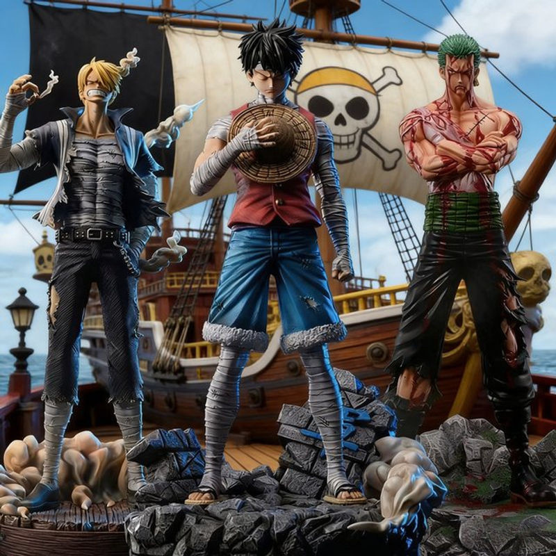 Bandai One Piece Anime Figuren Set Luffy Roronoa Zoro Vinsmoke Sanji PVC-Statue in stehender Pose, mehrfarbig, Höhe: 30 cm - Bild 1