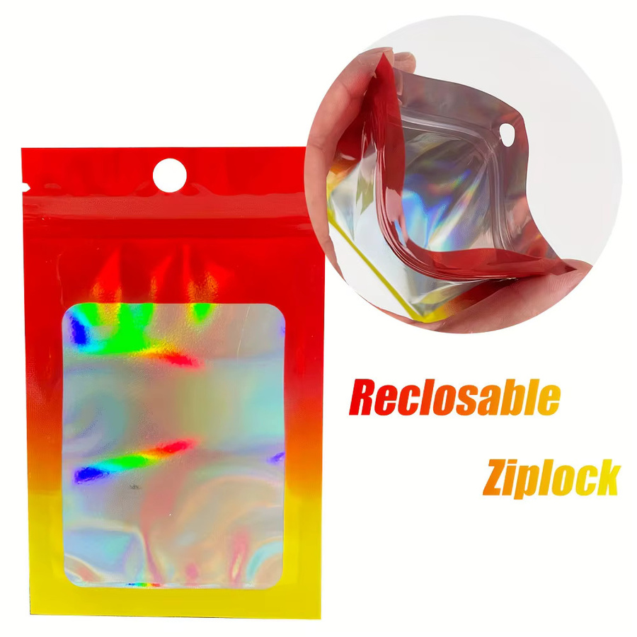 100 Stück holografische selbstverschließende Beutel mit Farbverlauf und Fenster in Multicolor für Geschenke, Accessoires und Schmuck - Bild 2