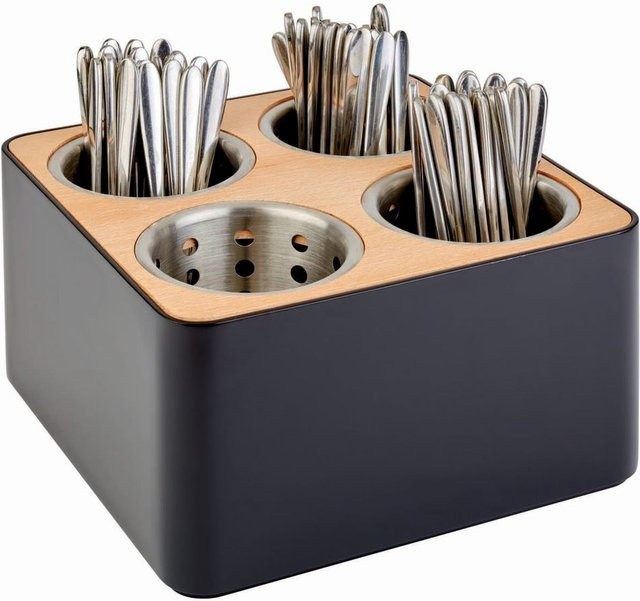 APS Besteckbehälter aus Kunststoff und Buchenholz mit 4 Edelstahl-Köchern, schwarz/braun, B/T/H: 27 x 27 x 15 cm - Bild 1