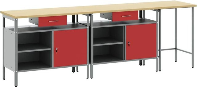vidaXL Werkbank-Set 3-teilig aus Stahl in Rot und Grau mit Pegboard - Bild 1