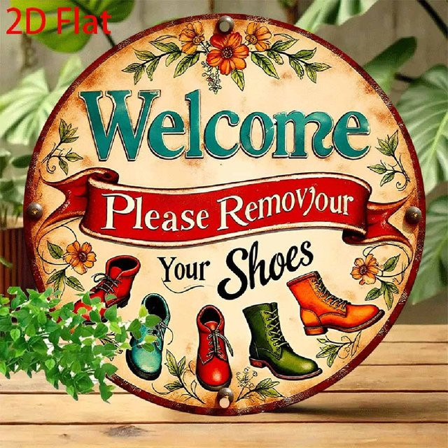 Retro Metallschild CIFBUY Willkommen bitte entfernen Sie Ihre Schuhe mit Blumenmuster, Wandkunst für rustikale Heimdekoration, B/H: 20,32 x 20,32 cm, Mehrfarbig - Bild 1