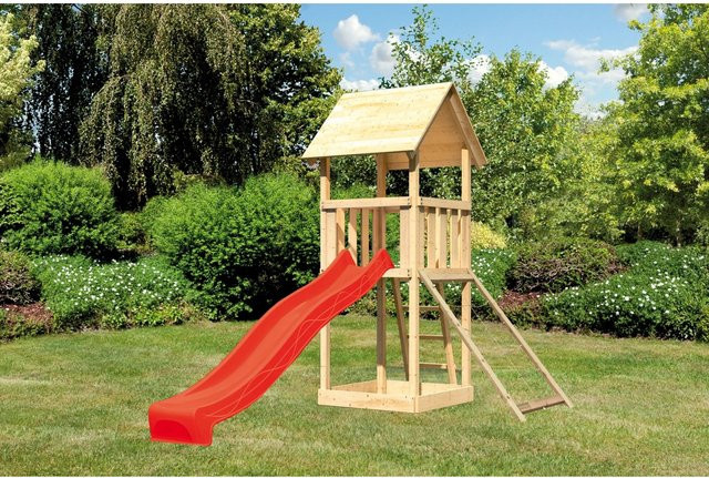 Karibu Spielturm Lotti mit Satteldach, Netzrampe und Rutsche in Rot - Bild 1