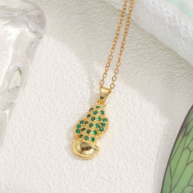 LNCHRAN Halskette Kaktus-Anhänger, Gold, grüner Zirkonia, Damen - Bild 1