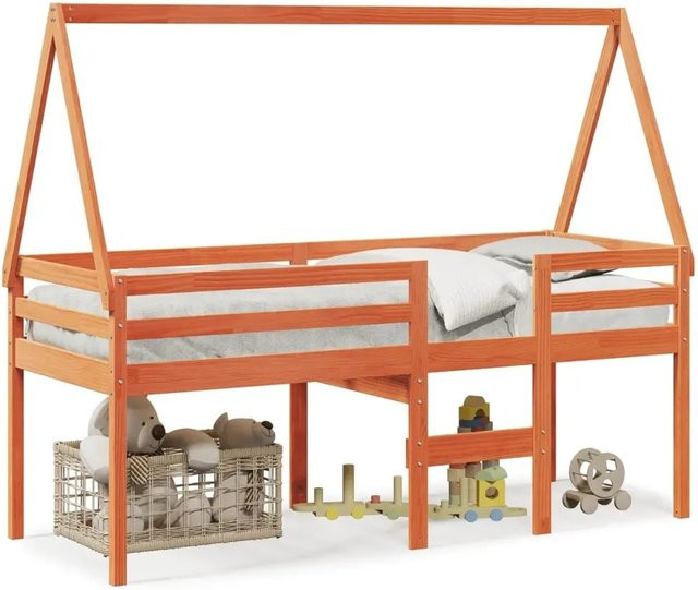 vidaXL Hochbett mit Dach aus massivem Kiefernholz in Wachsbraun, B/T/H: 80 x 200 x 185 cm (geschätzt basierend auf Typ, Maße im Text: 80x200 cm) - Bild 1