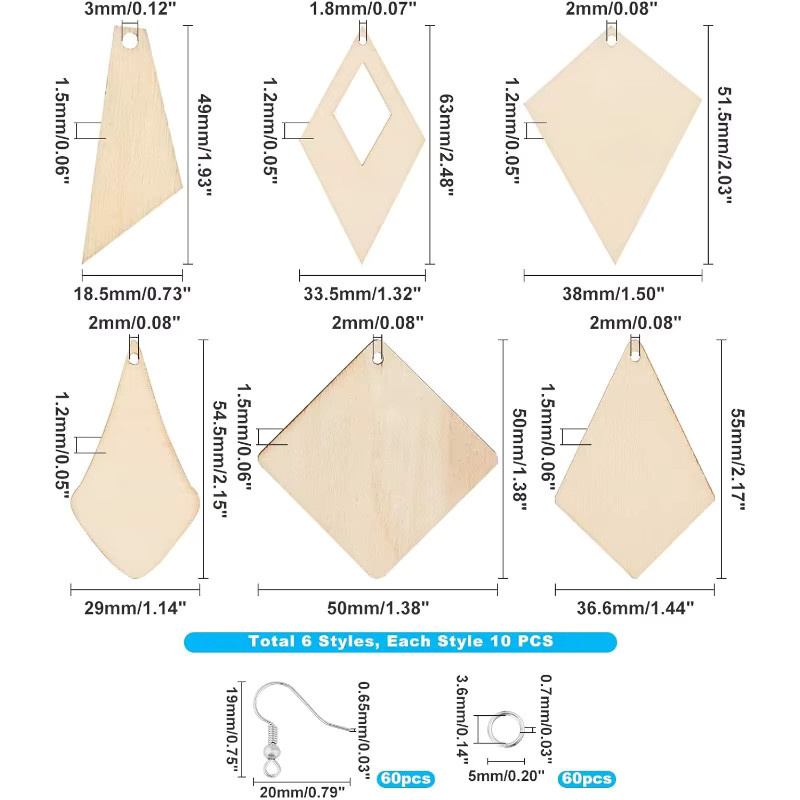Holzohrringe, Rhombus-Naturholz-Tropfenhänger, 60 Stück - Bild 1