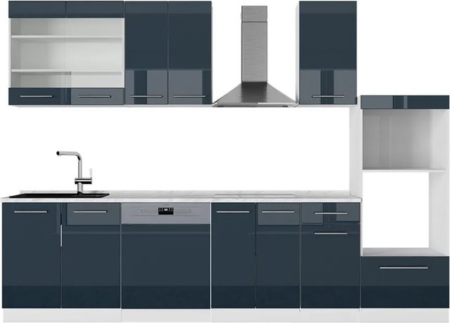 Vicco Küchenzeile Fame-Line in Weiß und Dunkelblau Hochglanz mit 300 cm Breite ohne Arbeitsplatte - Bild 2