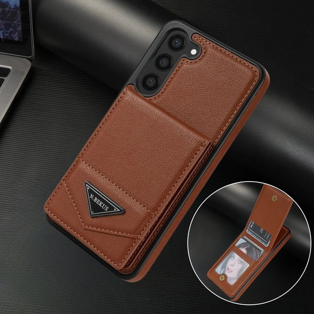 Vertikale Leder-Wallet-Tasche Solt für Samsung Galaxy S25 S24 Ultra S23 FE S22 S21 S20 Plus A54 A53 A14 A13 in Gold und Braun mit Kartenfach und Standfunktion - Bild 1