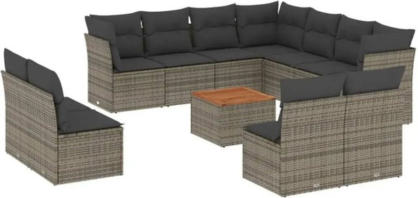 vidaXL Garten-Sofagarnitur aus Polyrattan in Grau mit L-Form, 12-teiliges Set mit Sitzkissen, Rückenkissen und Gartentisch inklusive Stauraum