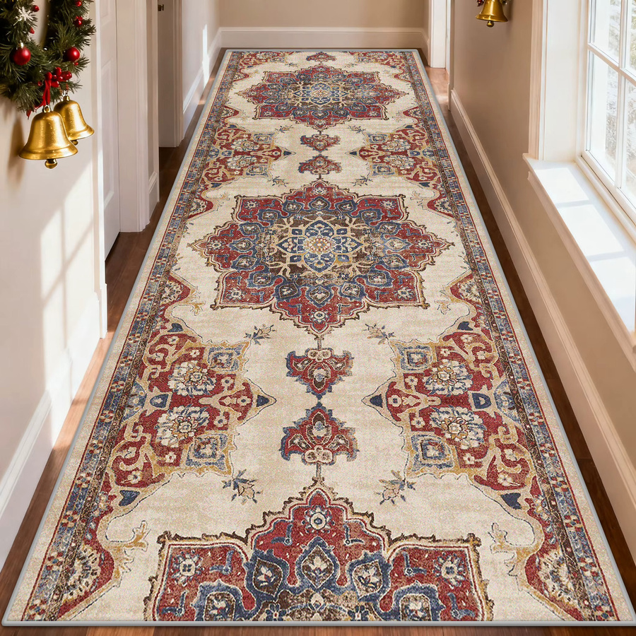 Waschbarer Boho Korridor Teppich im Qajar Revival Ethno Design, Mehrfarbig, B/T: 60 x 200 cm - Bild 1